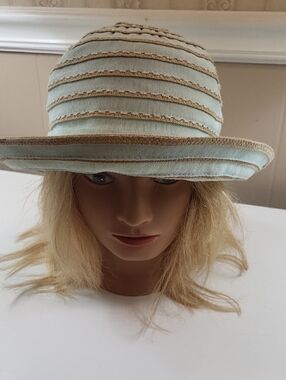 Tommy Bahama Teal and Beige Striped Sun Hat, One SIZE